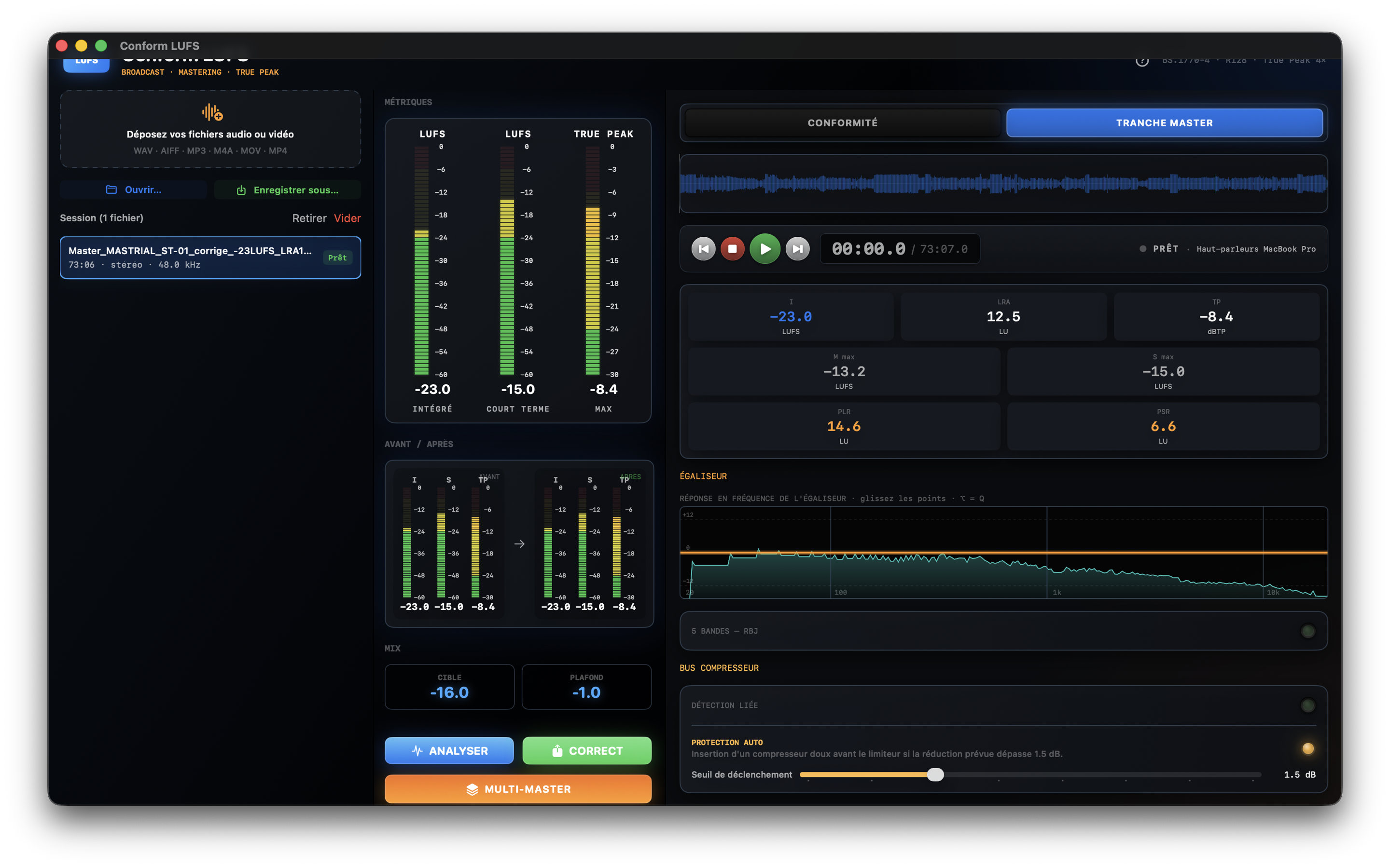 Conform LUFS professional interface with LUFS, LRA and True Peak analysis
