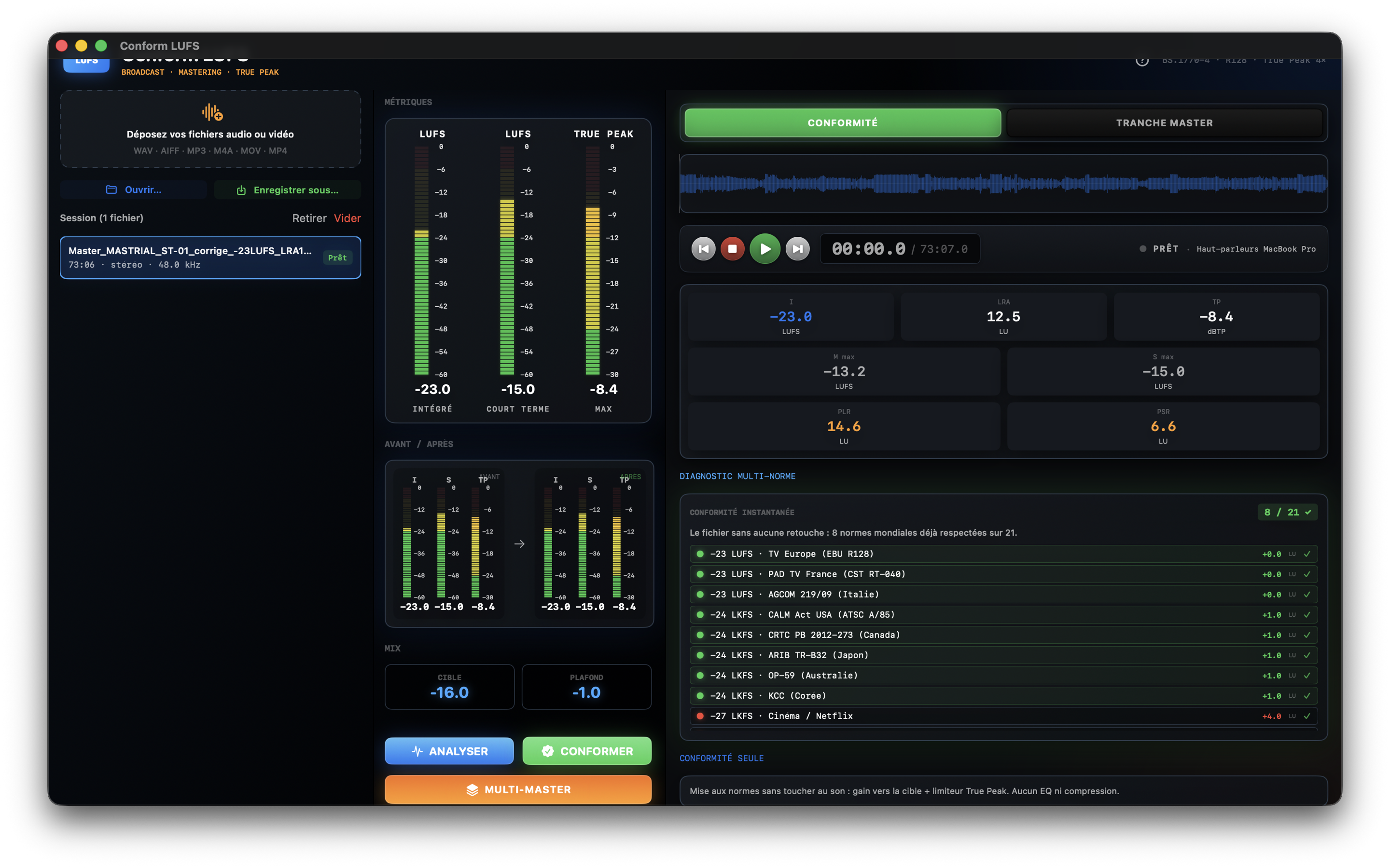 Audio compliance control in Conform LUFS