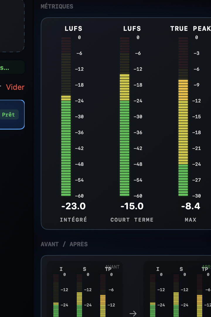 Close-up of Conform LUFS loudness and True Peak meters