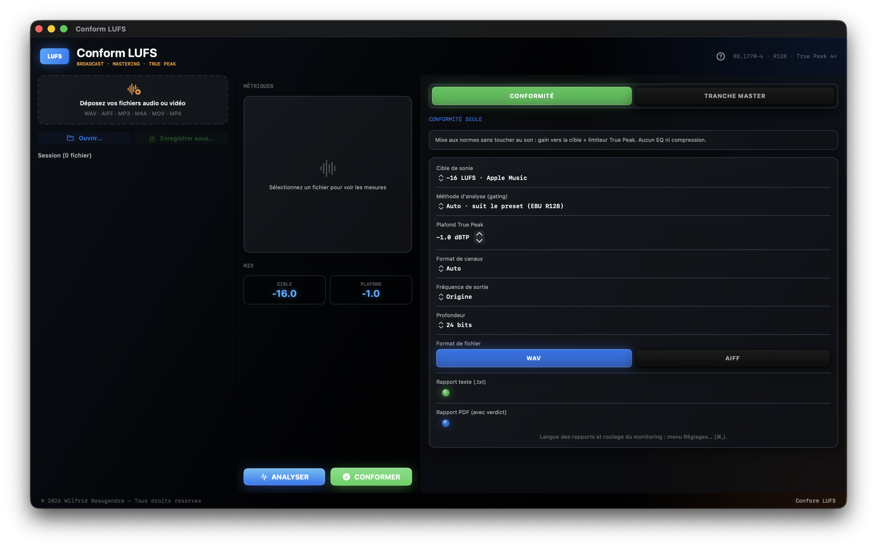 Conform LUFS processing and mastering console